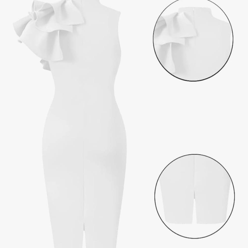 One-Shoulder Ruffle Sheath White Dress - Picture 2 of 3